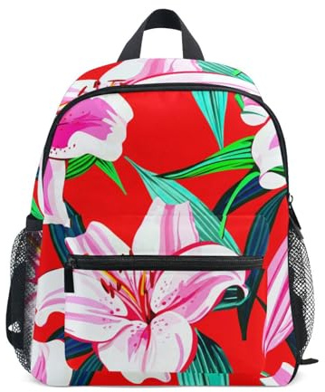 GAIREG Sac à dos avec étiquette nominative Motif fleurs de lys Blanc/rose, Fleurs de lys blanches et roses rouges, 3-5 Years, Sacs à dos mignons