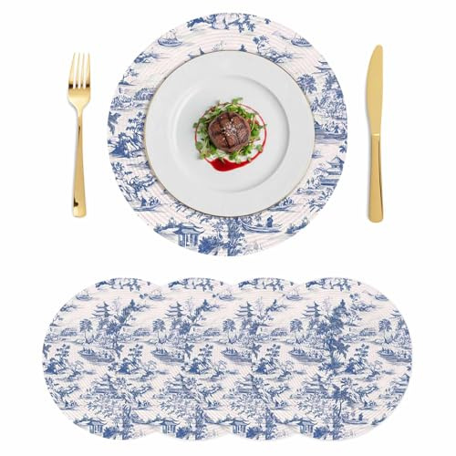 Round Placemats Set of 4 Blue Chinoiserie Garden Pavilion Heat-Proof Table Mats Washable PP Placemat Asian Scenic Hill Boat Plant Non-Slip Place Mats for Home Kitchen Dining Decor,13 Inches