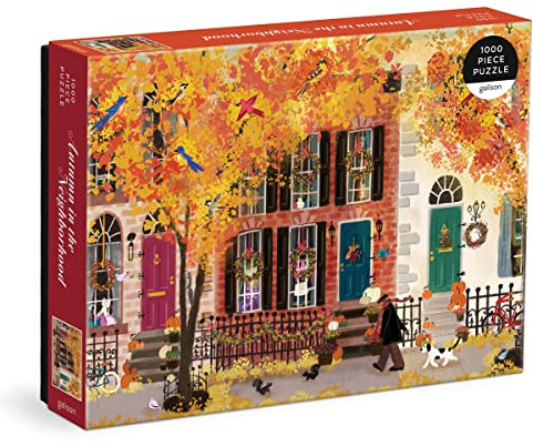Galison Autumn in The Neighborhood 1000 Piece Puzzle from Galison - 27 x 20 Beautifully Illustrated Puzzle from Joy LaForme, Thick & Sturdy Pieces, Challenging Activity for Adults, Unique Gift Idea!
