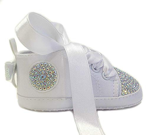 Zapatos 6 – 9 meses blancas + cristales brillantes aurora boreal Baby Niña Bebé Bautizo deportivas patucos (Total White Shoes Wedding Luxury Baptism bebé Lusso Luxury AB Crystal)