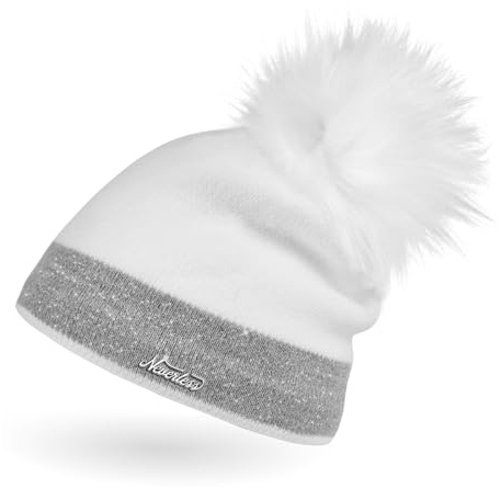 Neverless Damen Strick-Mütze gefüttert mit Fell-Bommel Kunstfell Winter-Mütze Feinstrick Glitzer-Garn Bommelmütze Weiss-hellgrau Unisize