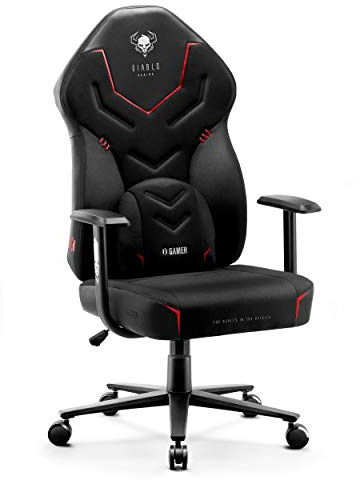 Diablo X-Gamer 2.0 Chaise Gaming Fauteuil de Gamer de Bureau Couverture en Tissu Design Ergonomique Coussin Lombaire Accoudoirs Confortables (Noir-Noir)