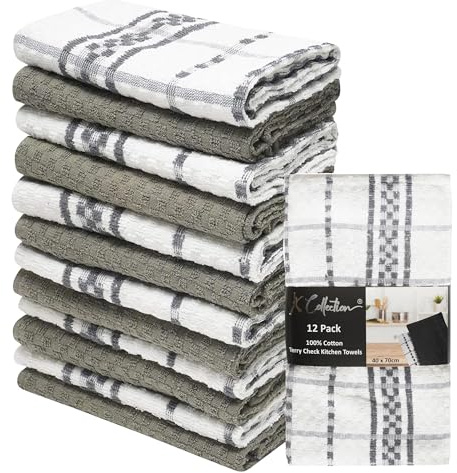 K Collection 12 Pack Check Kitchen Towels Set - 40 x 70 cm, Grey and White - 100% Ring Spun Cotton (285GSM) Super Soft and Absorbent Dish Towels, Tea Towels and Bar Towels