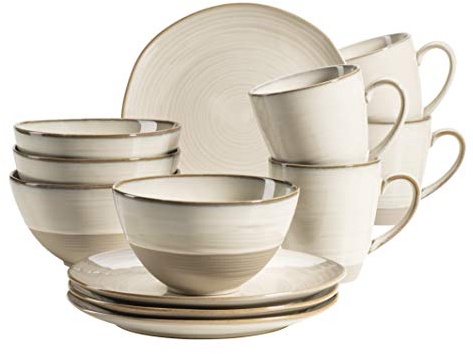 MÄSER 931818 Serie Nottingham Vintage Geschirr-Set für 4 Personen, 12-teiliges Frühstücksservice mit unregelmäßig runden Formen im Retro Look, Steinzeug, Beige