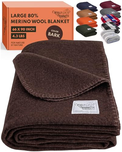 Woolly Mammoth Woolen Co. Extra stor merinoull campingfilt den perfekta utomhusredskapssängen för buskhantverk, camping, vandring, överlevnad eller filt vid stugan. (Brun), 66 tum x 90 tum