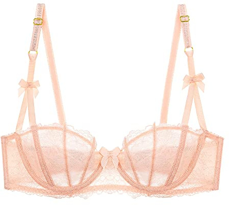 Women's Lace Unlined Balconette Demi-Cup Underwire Sheer Bra(D238-Pink-36A)