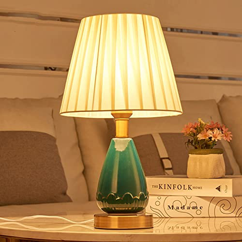 Chao Zan Porzellan Keramik Tischlampe, Tischleuchte Stoffschirm weiß, Nachttischlampe, Stoffschirmlampe, 1x E27 max. 60W, ohne Leuchtmittel, Schlafzimmerlampe
