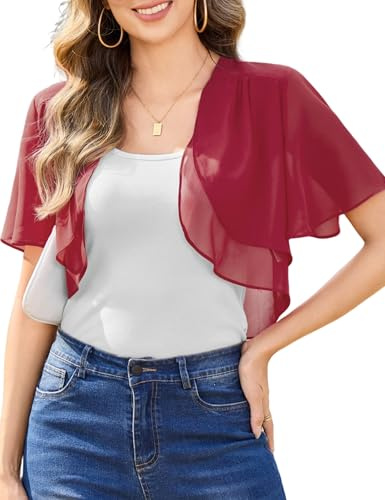 Aottori Bolero Mujer Manga Corta Gasa Cardigan Verano Elegante Chaqueta Cárdigans Torera Ligero Puro Sólido Casual Chiffon Shrug Top para Fiesta Vestido Vino Tinto M