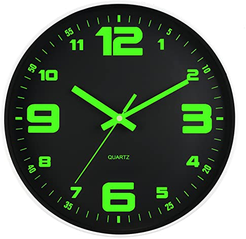 DIYZON Leuchtende Wanduhr 30 cm, lautlos ohne Ticken, mit Nachtlicht, Glas-Design, mit Batterie, für Küche Wohnzimmer Schlafzimmer Deko