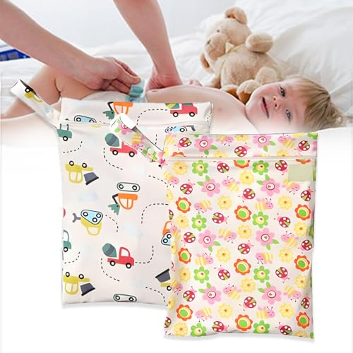PLABBDPL 2 Pcs Sacs Couches Lavables, Wetbag à Fermeture Eclair Etanche Réutilisable Fermeture Eclair Printing Sac à Langer pour Bébé, Plage Piscine Gym