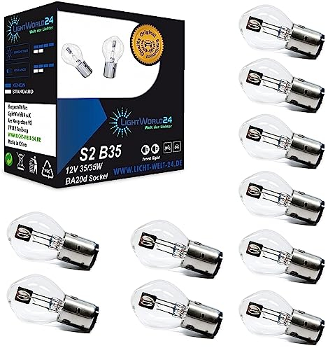 LIGHTWORLD24 10 unidades BA20d S2 35/35W 12V bombillas halógenas para motocicleta – luz de carretera y cruce súper brillante – faro delantero para scooter, ciclomotor, moto, lámpara Bilux