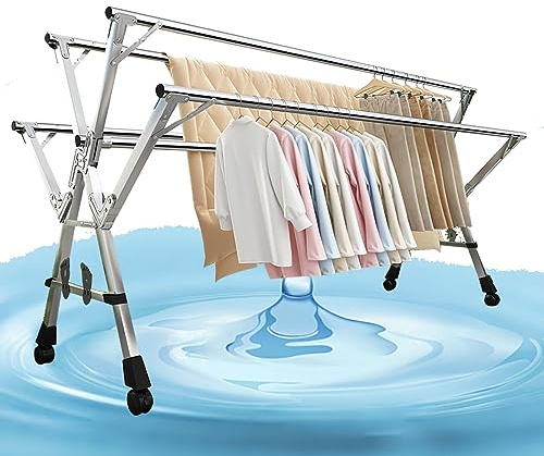 ATYUJKB Tendedero De Ropa Plegable Grande, Tendedero Exterior Acero Inoxidable, Estante De Secado 5 Varillas con Ruedas, Independiente (200cm/79in)