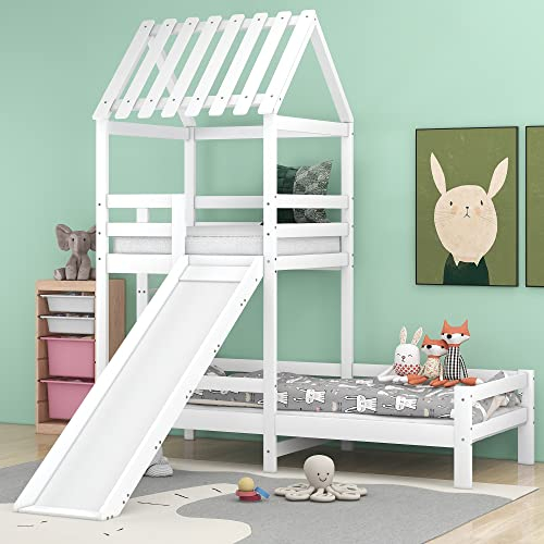 I0I&I0I Cama alta con tobogán, diseño de casa de árbol, madera maciza, (200 x 90 cm y 100 x 90 cm), color blanco