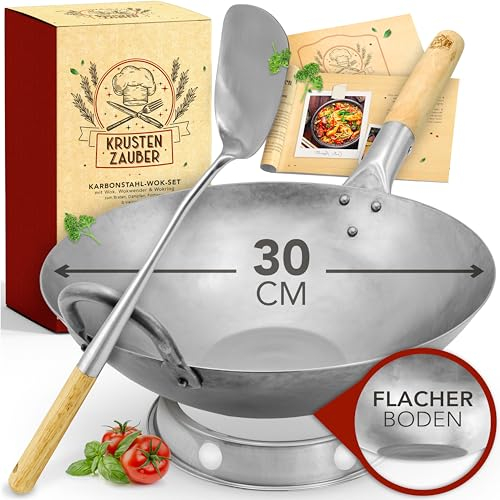KRUSTENZAUBER Wok - Sartén wok (30 cm, acero al carbono y wokring, inducción, acero al carbono)
