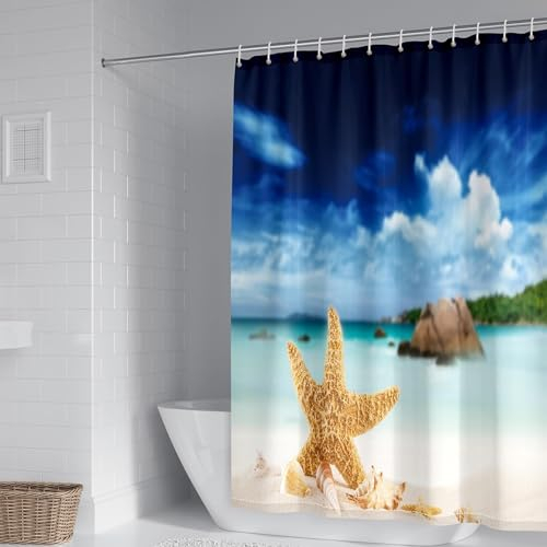 Homxi Ösen für Duschvorhang,165 W x 200 H cm,Badewannevorhang Beige Blau Strandmuschel Seestern Polyester Duschvorhangringe Plastik
