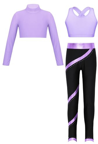 Mufeng 3 Pieces Ensemble Sport Enfant Fille Legging Fitness Yoga Running Débardeur Sport Haut de Danse Tenue Gymnastique Entraînement Violet 13-14 ans