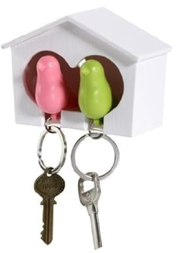 MAGICLULU White Birdhouse Key Holder with 2 Sparrow Whistle Key Rings Wall Mountable Plastic Bird Keychain Organizer for Home Decoration