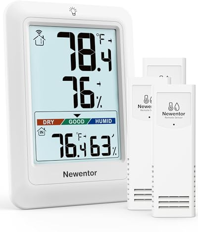 Newentor Indoor Outdoor Thermometer Wireless with 24H/48H/ALL-TIME High Low | Big Number 4 Display, Inside Outside Temp & Humidity, Comfort Indicator, Weather Station for House Patio, White, 3 Sensors
