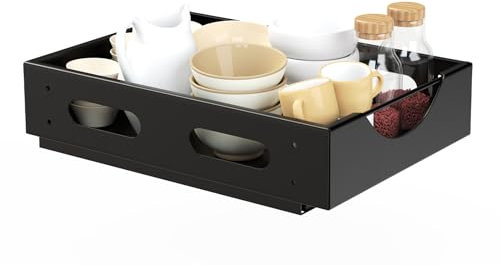 Yawinhe Teleskopschublade, Ausziehbarer Schrank Organizer, Slide out Cabinet Küche, Korbauszug Küchenschrank mit Griff, Kein Bohren, 38.5x27.5x8cm, Schwarz