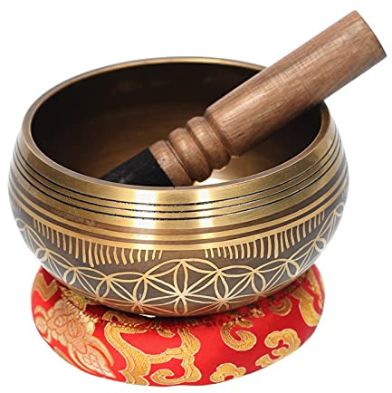 Klangschale, Glocke, Metall-Klangschalen-Set mit Schlägel und Kissen, Motiv: Blume des Lebens, tibetische Klangschale, buddhistische Musiktherapie, Meditation, Klangschale, 15,5 x 15,5 x 8,5 cm
