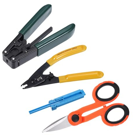 sourcing map Herramienta de fibra óptica con pelacables metálicos de fibra óptica, pelacables de doble agujero, tijeras, guía de alambre azul para cables de piso de fibra óptica (3 en 1)
