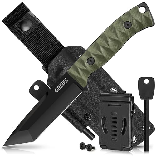GREIFS® Outdoor-Messer Tanto aus D2 Stahl mit Kydex Holster und Feuerstahl, edles Survival Messer für die Bushcraft Ausrüstung, Jagdmesser, Schnitzmesser, Fahrtenmesser (RangerTanto/Schwarz-Grün)