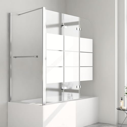 Duschwand für Badewanne Gestreift, Duschwand 120x75x140cm 3-teilig Badewannenaufsatz mit Seitenwand Badewannenfaltwand Duschtrennwand Duschabtrennung für Badewanne, 6mm ESG Sicherheitsglas