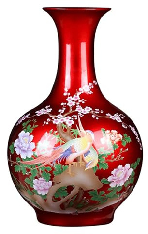 Vase Decoratif Vase en céramique de style chinois, grand vase à fleurs en porcelaine rouge émaillée pour centre de table, arrangement floral, salon, chambre à coucher, décoration d'intérieur Mariage
