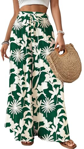 Bsubseach Pantalon à jambes larges pour femme - Pantalon palazzo floral fluide pour femme - Taille haute - Pantalon d'été décontracté - Tenues de croisière, vert, XX-Large