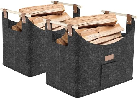 Aufun Lot de 2 paniers à bois pour bois de cheminée, taille XXL, pliable, en feutre extra épais et poignée renforcée, grand sac en feutre pour courses, bois, journaux ou bois de chauffage (50 x 32 x