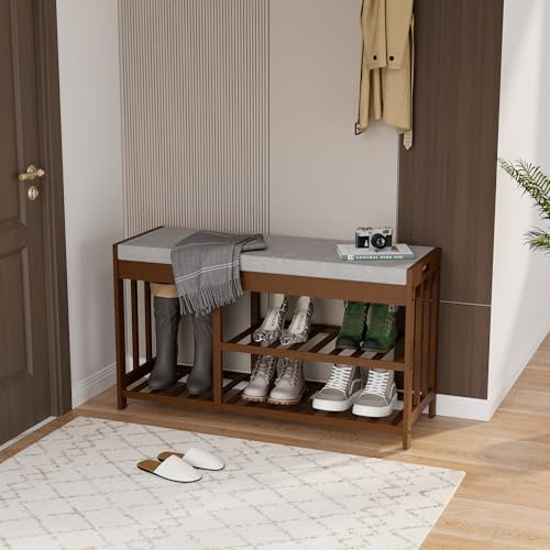 APRTAT 3-Tier Bamboo Shoe Rack Bench, Shoe Storage Organizer Bench, Entryway Benchs, Shoes Rack for Front Door Entrance, Entryway Bathroom Bedroom (Brown, Large)