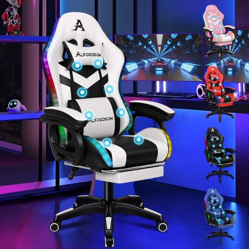 ALFORDSON Ergonomisk spelstol med 8 massagepunkter, 12 färger RGB LED-ljus, fotstöd, nackstöd, ländryggskudde för barn och vuxna, vit