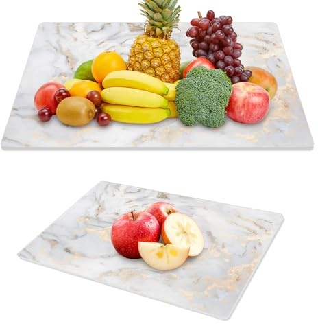 JAMBALAY Tempered Glass Cutting Boards for Kitchen, Gold 12x8 & 16x12 Glass Cutting Board Set with Marble Design, With Non Slip Foot, Shatter and Heat Resistant, Dishwasher Safe