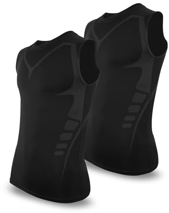 SLIMBELLE Confezione da 2 magliette a compressione da uomo, senza maniche, funzionale, con scollo rotondo, nero + nero., M