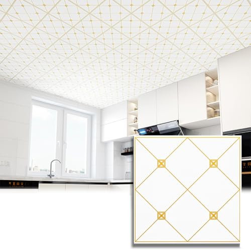 Pannelli Soffitto Boiserie Parete Piastrelle Per Controsoffitto Bianco Con Oro, Carta Da Parati In PVC Per Soffitto Doccia Autoadesiva Impermeabile Per Bagno, Sostituzione Pannelli Decorativi(A,10 pac
