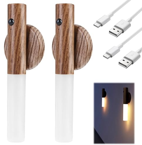 2PCS USB C Rechargeable Motion Sensor Wall Lights Indoor, Stick-On Magnetic Cordless Night Light, Portable Automatic Sensing Lamp for Hallway, with Type C Charging Cable, Walnut Wood
