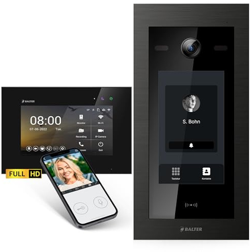 Balter EVO-HD Video Türsprechanlage mit Touchscreen Türstation, Video Türklingel, Smartphone App, 1 Familienhaus, 1x 7 Zoll Monitor, Türklingel mit Kamera Full HD, 2 Draht Bus, 175° Weitwinkel, RFID