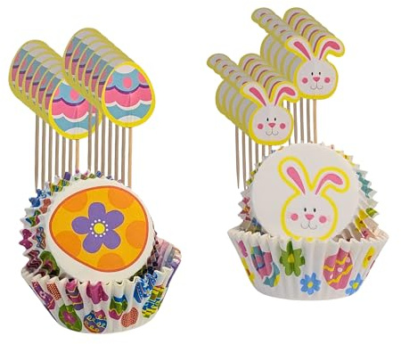 96 pirottini per muffin e topper per torte, mini pirottini colorati e topper per cupcake pasquali per Pasqua, feste di compleanno, decorazioni per torte
