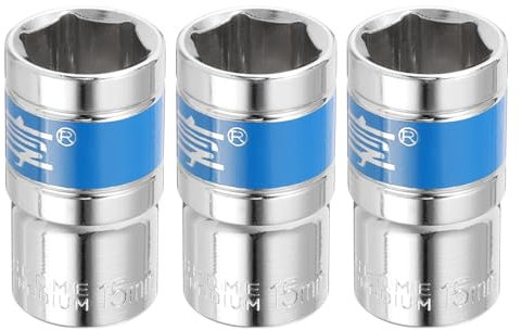 QUARKZMAN 3 Enchufe de Impacto de 1/2 y 6 Puntas, Métricos de 15 mm, Poco Profundo, Llave de Vaso Eléctrica de Vaso Poco Profundo para Reparación Mecánica de Automóviles, Plateado y Azul