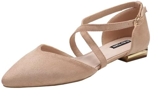 IvoireCh Ballerine da donna nere a punta con cinturino alla caviglia, comode, senza lacci, leggere, in pelle scamosciata, Rosa nudo 3, 6