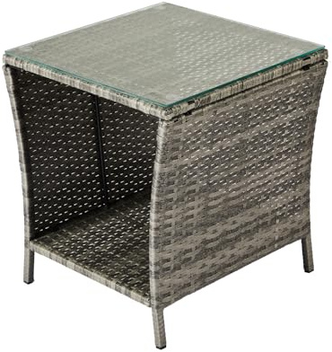 Bonnlo Rattan Beistelltisch mit Glasplatte, Balkonmöbel Grau, Gartenmöbel klein, Balkontisch Outdoor wetterfest, 46x46x50 cm