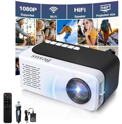 Mini Projector, HD 1080P WiFi Video Projector, Portable Outdoor Projector with Tripod, Gift for Kids, Home Theater Movie Phone Projector Compatible with USB, AV, Smartphone/Tablet/Laptop (black)