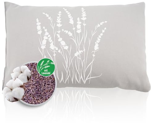 Herbalind Lavendelkissen Lavendelstrauch 30x20 cm in Grau – Duftkissen mit Lavendel und Schafschurwolle – Baumwollbezug mit Motivdruck – Made in Germany