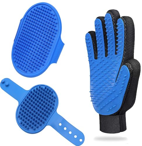 JOANGIHC Hunde-Waschhandschuhe, Bürste für Haustier: 3 Stück, für Haarausfall, Massage, Fellpflege für kurze, langhaarige Hunde, Katzen (dunkelblau)