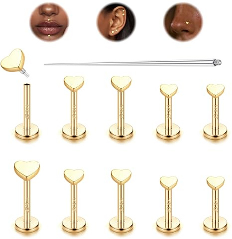 LOLIAS 10 Stück 16G Titan Helix Piercings Nasenpiercing Herz Gold Piercing Ohr Tragus Piercing Innengewinde Lippenpiercing Medusa Piercing Schmuck 6/7/8MM