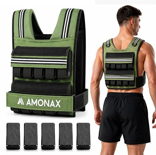 Amonax Giubbotto Zavorrato 10kg / 20kg / 30kg, Gilet Zavorrato Regolabile con Elementi Riflettenti per Uomo e Donna, per Allenamento Fitness, Camminata e Aumento della Massa Muscolare (Verde - 20kg)