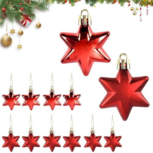12 Stück Weihnachtsbaumschmuck, Bruchfeste Sternaufhänger Christbaumanhänger Kunststoff Weihnachtsstern Ornament Dekorative Anhänger Rot für Hochzeiten, Weihnachtsbaum und Valentinstag Deko