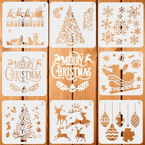 Weihnachten Schablonen, 8 Stück Weihnachts Stencils Set Wiederverwendbares Malerei Vorlage Bemalen, DIY Christmas Schablone zum Malen an Wand, Geschenkkarte, Kleidung (30cm/12 Zoll, Xmas)