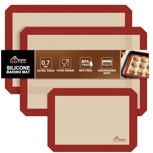 HOTEC Silicone Baking Mats 3 Pack – Thickened Non-Stick Reusable Silicone Baking Sheets for Oven – Cookie & Macaron Mats – 2 Half Sheet + 1 Quarter Sheet – BPA-Free, Dishwasher Safe