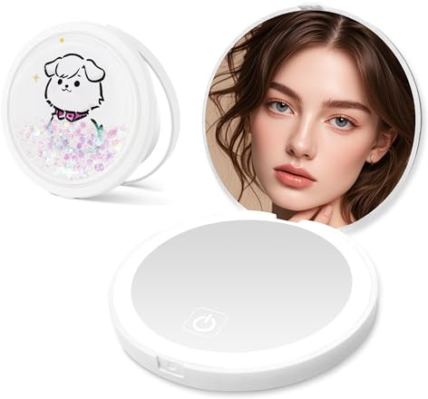 ZHUOTHAN Small Compact Mirror with Light, 1X/3X Magnification Travel Makeup Mirror, 3 Color, Dimmable Up, 3.14 inch Pocket Mirror, Folding, 2-Sided, Round Quicksand Mini Mirror (White)